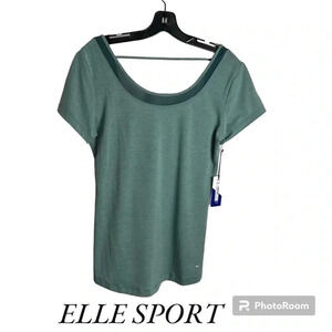 ELLE SPORT green workout t shirt with scoop mesh ,lower back & ELLE  logo,France